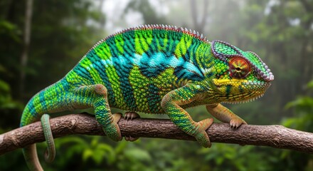 Chameleon on a Branch: A vibrant chameleon displays its mesmerizing colors while perched on a tree branch, showcasing its remarkable ability to blend seamlessly with its lush forest surroundings.
