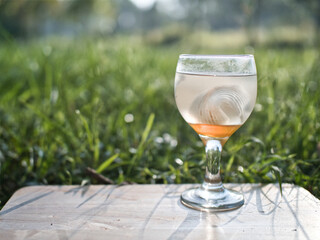 Coconut perfume water mixed with wild honey in a glass on a wooden floor in the grass warm morning light.