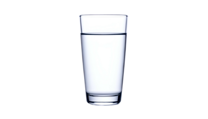 A tall, clear glass nearly full of water against a stark, black background