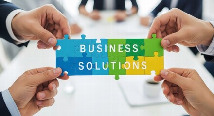 Business Solutions: A collaborative group assembling the puzzle pieces of success. A concept of teamwork and achieving a common goal.