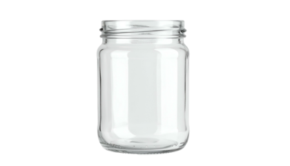 A clear, cylindrical glass container with a wide mouth, showing an interior devoid of contents