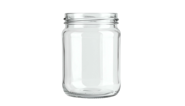 A clear, cylindrical glass container with a wide mouth, showing an interior devoid of contents