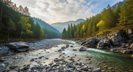 Serene River Journey: A captivating panorama unveils a pristine river snaking its way through a verdant valley, cradled by towering trees and rugged mountains. The sunlight dances on the water.