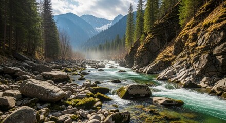 River Through Valley: A pristine river carves its path through a majestic valley, flanked by lush forests and towering mountains.