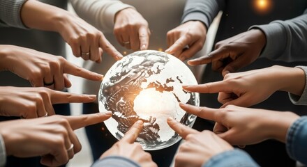 Global Connection: A collection of diverse individuals united by their shared focus on the world, with fingers pointing towards the globe, highlighting the importance of connection.