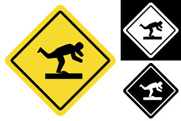 Vector illustration of a yellow diamond warning sign indicating a fall hazard. Graphic icon depicting a person slipping or losing balance, ideal for safety alerts on uneven or slippery surfaces