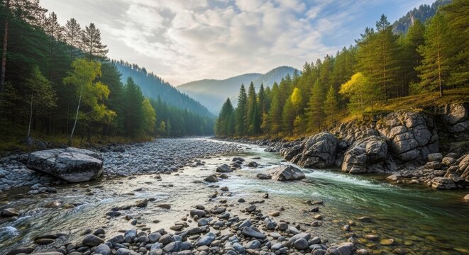 Serene River Journey: A captivating panorama unveils a pristine river snaking its way through a verdant valley, cradled by towering trees and rugged mountains. The sunlight dances on the water.