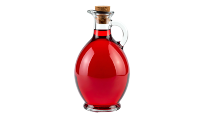 A glass cruet filled with vibrant red liquid, topped with a cork stopper, on black