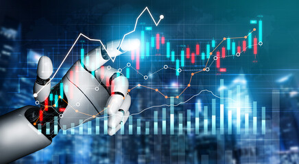 A futuristic robotic hand engages with digital stock market data, showcasing visualizations of financial trends and analytics in a high-tech environment focused on innovation. Scalp