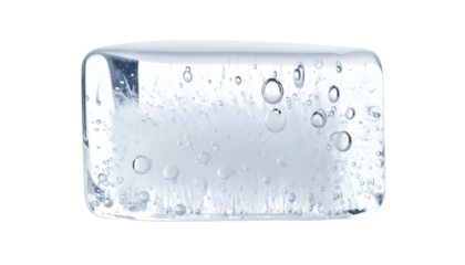 A rectangular ice cube, translucent with internal details & trapped bubbles, isolated on black