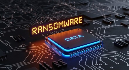 Ransomware attack concept closeup of a cpu with the word data and the word ransomware above it, symbolizing a cyber attack on data