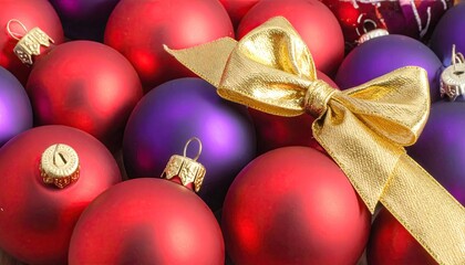 Close up of festive red and purple Christmas ornaments with a gold ribbon bow.