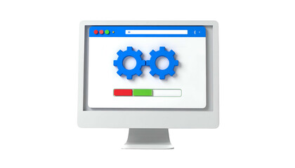 A minimalist computer monitor with a screen showing blue gears, and a progress bar