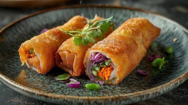 Crispy vegetable spring rolls on dark plate, one cut open to show colorful filling