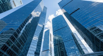 Naklejka premium Cityscape Majesty: Towering skyscrapers reach towards the sky, their glass facades reflecting the clouds, exemplifying architectural grandeur and urban development.