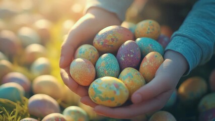 A child holding a handful of colorful Easter eggs, suggesting the joy and anticipation of the Easter holiday celebration. - Powered by Adobe