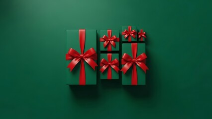 Vibrant green gift boxes with striking red ribbons for Christmas celebrations, offering joy and anticipation during the festive holiday season, modern design