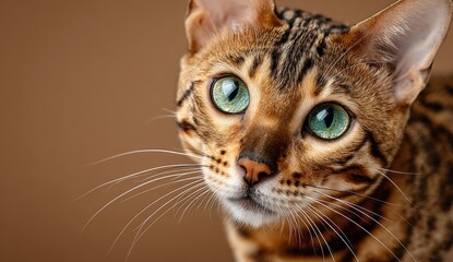 Bengal cat with striking green eyes gazes curiously at the camera, showcasing its unique fur pattern and playful demeanor in a warm, neutral-toned environment