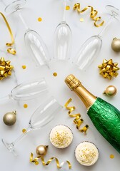 Luxury champagne bottle with flutes, golden ornaments and cupcakes on white background, ideal for New Year, celebration, holiday and festive event concepts

