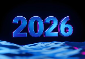 Glowing blue 3D "2026" numbers floating above rippling digital waves on dark background, futuristic concept for tech, innovation and New Year themes


