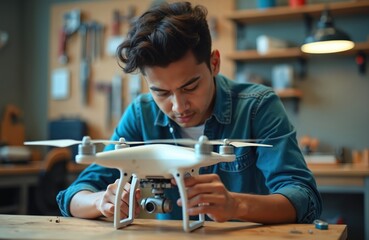 Young hispanic man repairing a white drone on a wooden workbench in a workshop. Teenage boy fixing a quadcopter with tools. Focused student maintaining a robotic device with propellers.