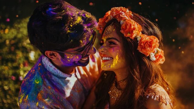 A joyous outdoor festival with a couple dancing in colorful attire, celebrating Indian traditions with vibrant body paint and music.