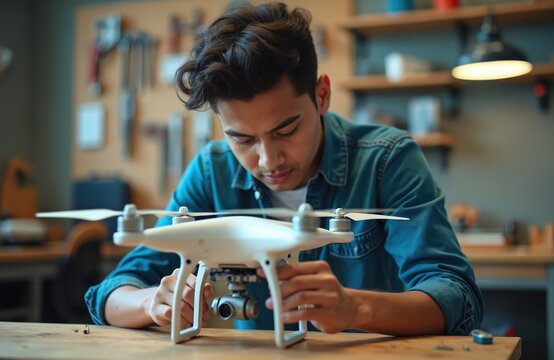 Young hispanic man repairing a white drone on a wooden workbench in a workshop. Teenage boy fixing a quadcopter with tools. Focused student maintaining a robotic device with propellers. - Powered by Adobe