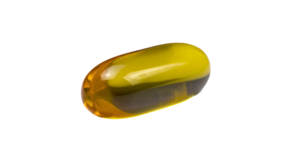 Close-up of a translucent, oblong, golden-yellow softgel capsule, floating in space