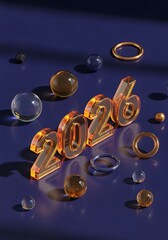 3D amber glass "2026" numbers with floating spheres on deep blue background, modern abstract design for future concepts and innovation themes

