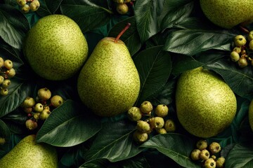 Fresh green pears surrounded by vibrant leaves and small berries create a lush, natural composition, showcasing the beauty of organic produce and healthy eating concepts