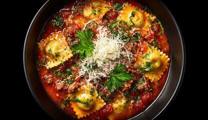 Delicious bowl of ravioli in rich meat sauce garnished with fresh herbs and grated cheese, showcasing a vibrant culinary presentation for food enthusiasts and chefs