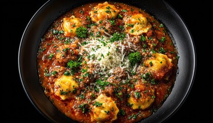Delicious ravioli served in rich meat sauce, garnished with fresh herbs and grated cheese, showcasing a vibrant culinary presentation in a black bowl