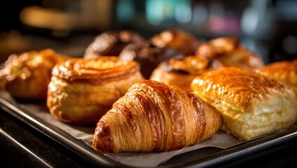 Freshly baked assortment of golden pastries including croissants, danishes, and puff pastries arranged on a tray, showcasing delicious textures and inviting appearance