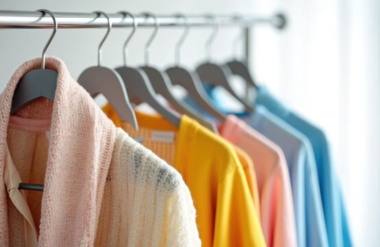 Colorful spring clothing hanging on a clothes rack. Pastel color apparel in a fashion boutique. Clothes sale assortment on hangers in a shop. Trendy spring style set displayed.
