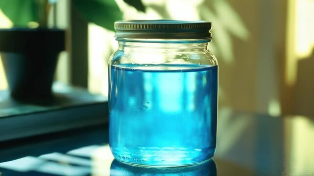 Close-up of a clear glass bottle filled with blue liquid, possibly homemade jam or syrup. The label is not visible.