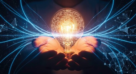 Illuminating Insight: A pair of hands cradles a radiant light bulb, symbolizing innovation, ingenuity, and the spark of an idea, against a backdrop of interconnecting energy lines.