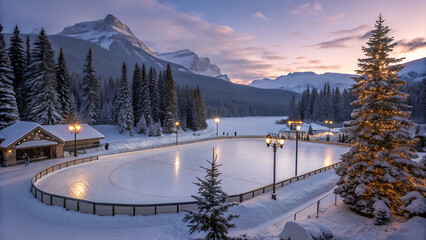 A beautiful winter evening at an outdoor ice skating rink, surrounded by snowcovered pine trees and majestic mountains, glowing with festive lights