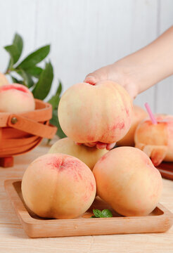 Fresh Peaches Being Picked from Wooden Basket - Organic Fruit Harvest Yangshan Mountain Style