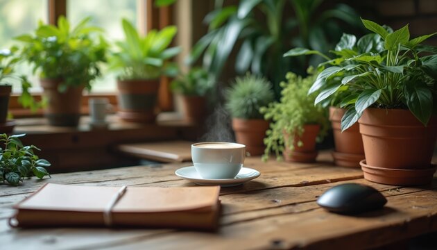 Hot coffee cup with steam on rustic wooden desk with notebook, mouse. Home office workspace with many green potted houseplants near window. Cozy workplace for remote work study morning routine with