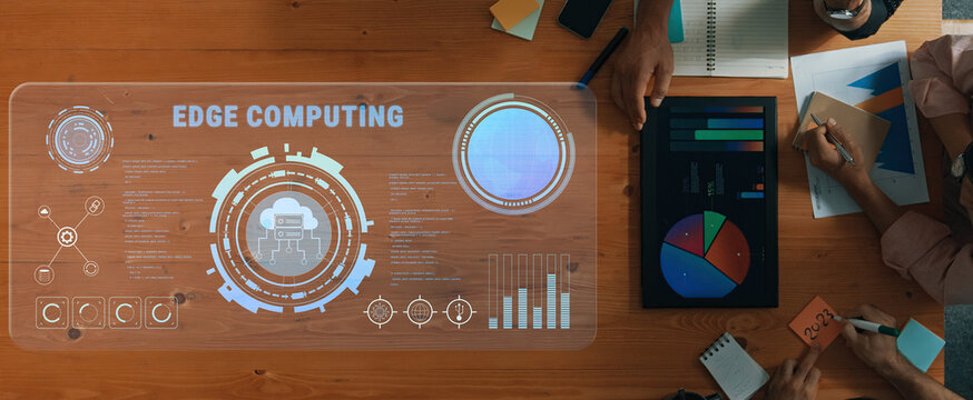 A dynamic workspace featuring an edge computing interface on a wooden table. Engage with modern technology for effective data visualization and business analysis. Trope - Powered by Adobe