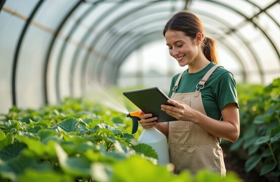 Smiling woman farmer uses tablet computer in greenhouse. Checks crop growth, sprays water with plant care bottle. Modern agritech farming utilizes digital tools for efficient cultivation, pest