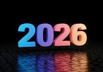 Colorful 3D "2026" numbers with a gradient from blue to pink on a dark textured surface, perfect for New Year and modern design concepts.

