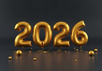 Golden "2026" number balloons on a dark reflective surface with scattered gold spheres, perfect for New Year celebrations and luxury designs.

