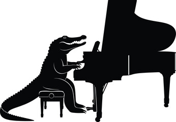 Alligator playing piano, animal musician silhouette, black and white vector, whimsical reptile art, grand piano cartoon, creative wildlife illustration © MstFatema