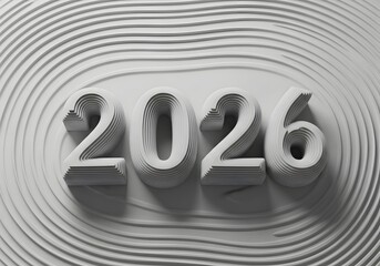 Monochrome 3D "2026" numbers on a textured wavy surface, perfect for New Year, future, and minimalist design concepts.

