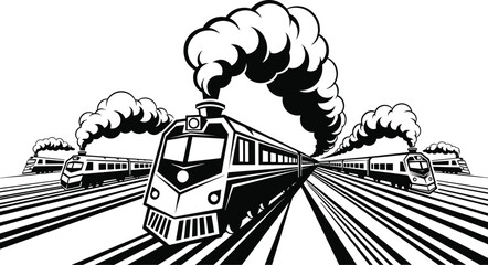 Vintage steam locomotive illustration, fast trains on railway tracks, transportation speed concept, retro engine artwork, railroad travel graphic, smoke clouds design © MstFatema