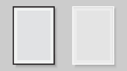 Black and white wooden frame on gray background. Picture frame. Vector illustration