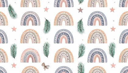Boho watercolor rainbow seamless pattern with pine sprigs and stars for nursery decor.