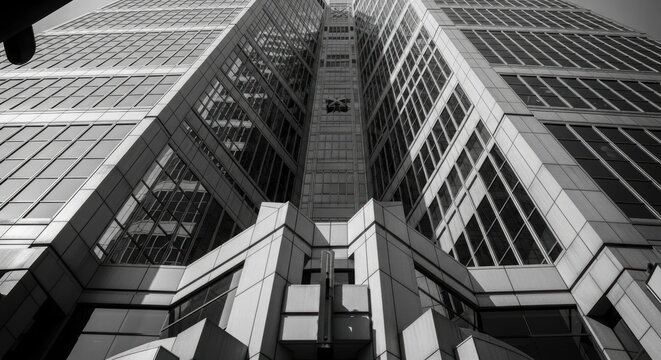 Urban Ascent: An impressive high-rise skyscraper dominates the cityscape. Its geometric design and strong architectural lines reach skyward.