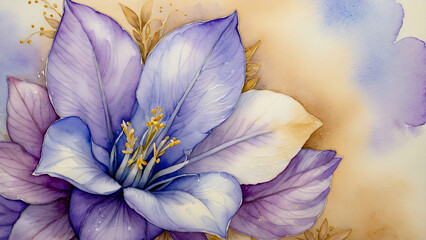 Watercolor painting of a large blue and purple flower with gold stamens and elegant gold leaf accents on a vast pastel background